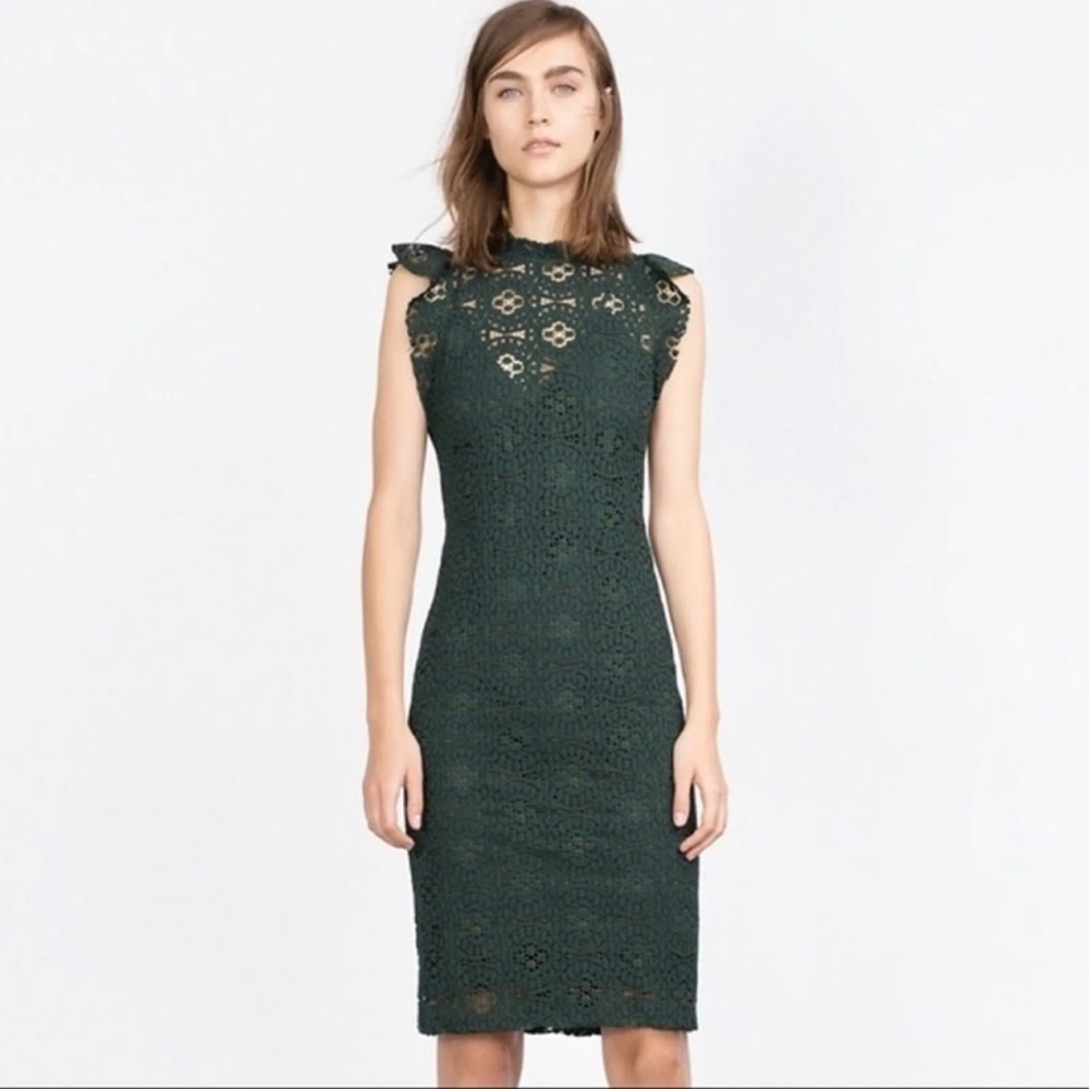Zara Forest Green Lace Fluttered Cap Sleeve
Midi Dress NWOT